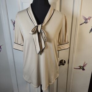 NWT Adrianna Papell Black Trim Bow Tie Neck Blouse XS Preppy Retro 70s